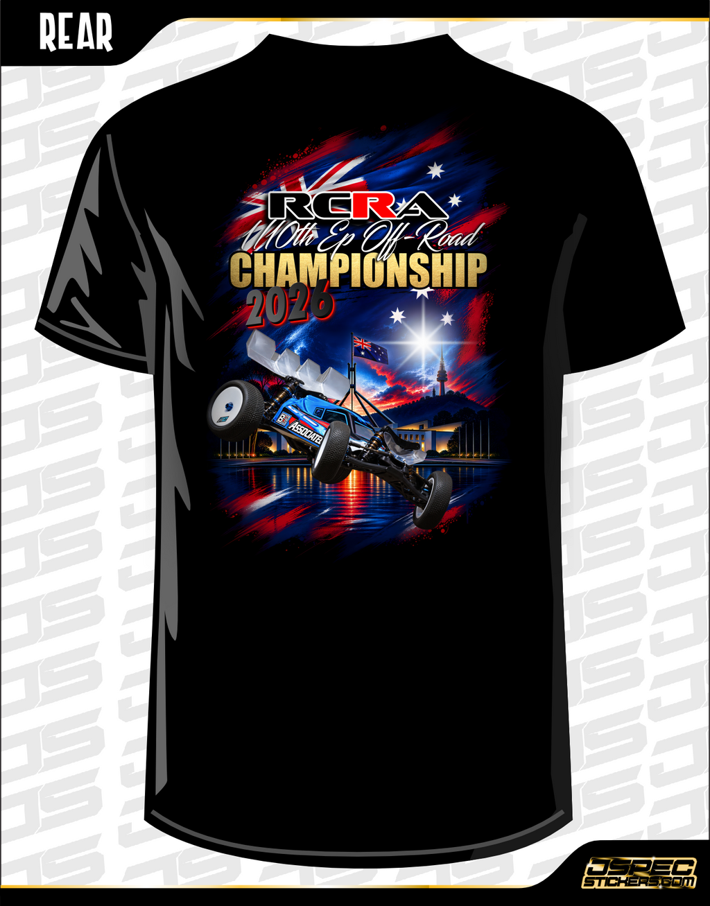Black short-sleeve t-shirt shown from the rear with a large racing graphic print. The graphic features a blue and white off-road buggy, the text 'RCRA With Et Off Road CHAMPIONSHIP 2026', and Australian flag elements in red, white, and blue.