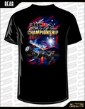 Black short-sleeve t-shirt shown from the rear with a large racing graphic print. The graphic features a blue and white off-road buggy, the text 'RCRA With Et Off Road CHAMPIONSHIP 2026', and Australian flag elements in red, white, and blue.