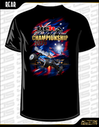 Black short-sleeve t-shirt shown from the rear with a large racing graphic print. The graphic features a blue and white off-road buggy, the text 'RCRA With Et Off Road CHAMPIONSHIP 2026', and Australian flag elements in red, white, and blue.