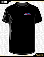 Black short-sleeve t-shirt shown from the rear with a large racing graphic print. The graphic features a blue and white off-road buggy, the text 'RCRA 2026', and Australian flag elements in red, white, and blue.